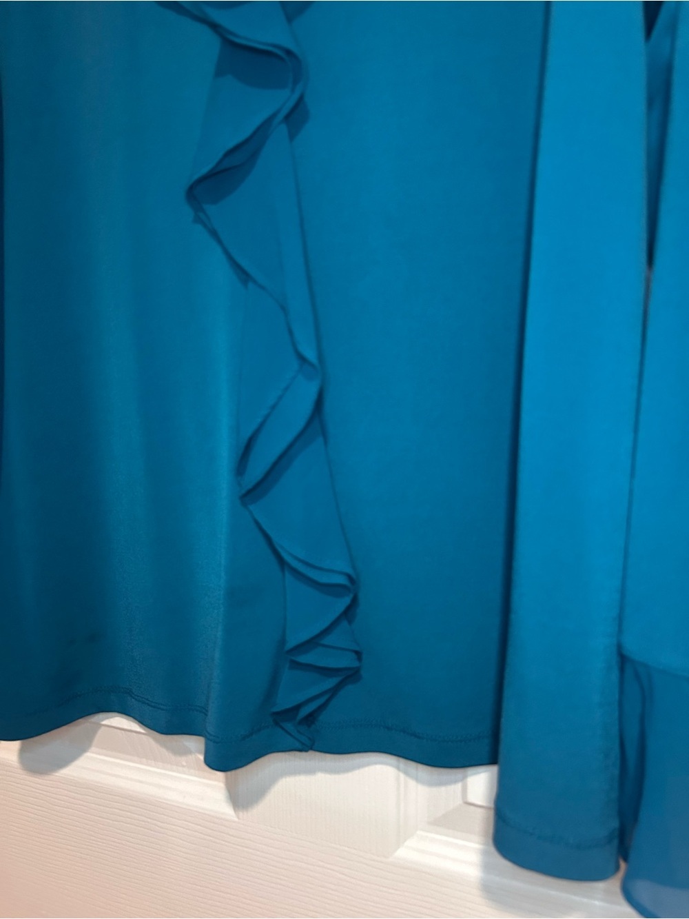 Susan Graver Teal V-Neck Ruffle Front Long Sleeve Blouse - Picture 3 of 7